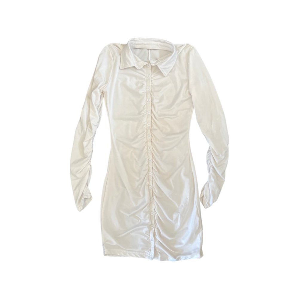 White Collared Button Up Ruched Body Con Mini Dress - Size M